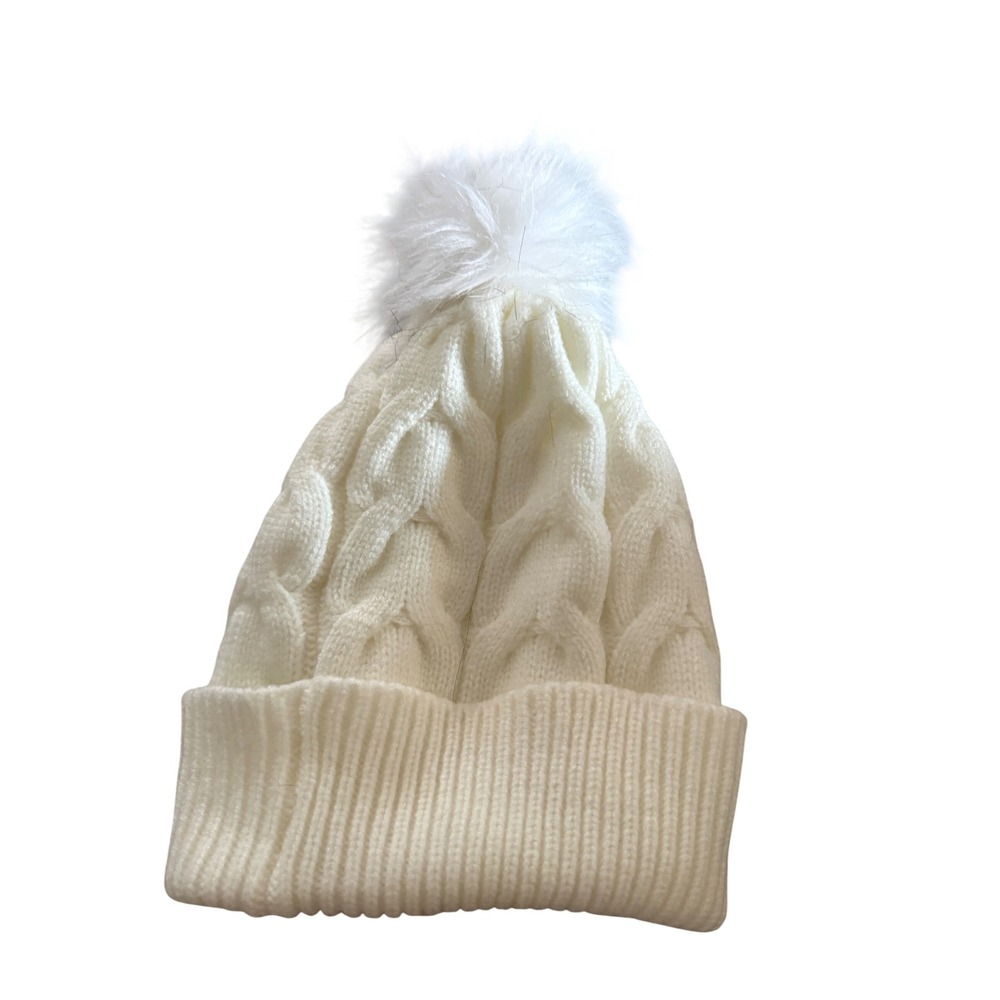 Art Class Cream White Cable Knit Beanie Faux Fur Pom Pom Fleece Lined OSFM